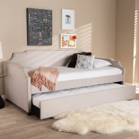 Baxton Studio Ally-Beige-Daybed Ally Modern and Contemporary Beige Fabric Upholstered Twin Size Sofa Daybed with Roll Out Trundle Guest Bed